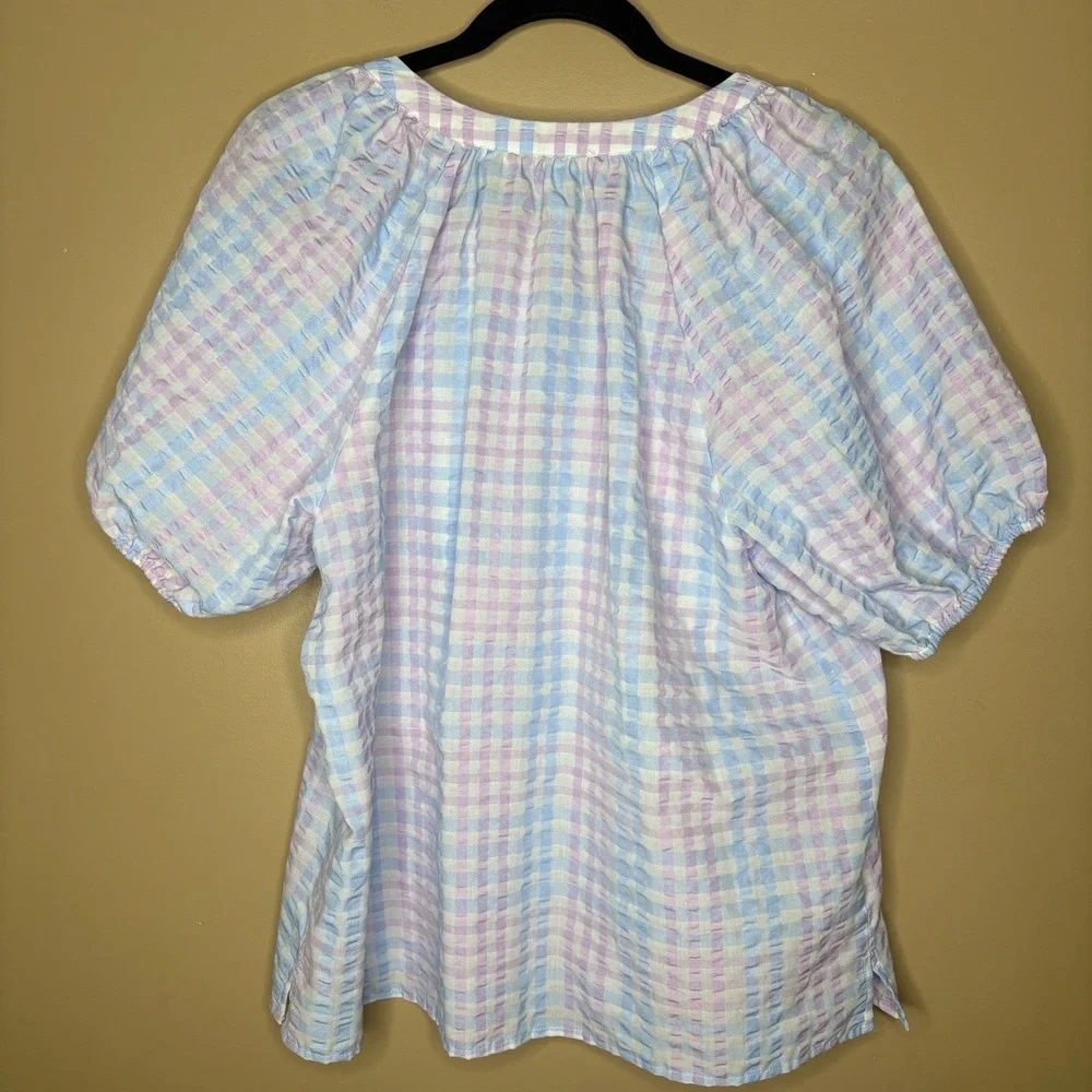 LOFT Gingham Puff Sleeve Blouse Pastel Top Large Picnic Soft Cottagecore